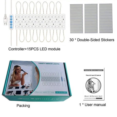 LED Vanity Mirror Lights Kit With Five Color Temperature Hollywood Style Makeup Light 11 Ft Dimmable LED Strip For Table And Bathroom Mirror Brightness Adjustable From Cool White To Warm Yellow Mirror Not Included packaging and contents