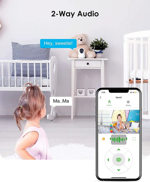 Indoor Security Camera 1080P Pan Tilt IP Camera With Night Vision and Two Way Audio Ideal for Home Security Baby Monitor and Pet Watching Works With Apple HomeKit in nursery with child and smartphone display