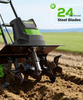 Beast Garden Tiller For Big Beds 1800W Corded Cultivator With 24 Steel Tines 18 Inch By 9 Inch Rototiller shown on soil grounds