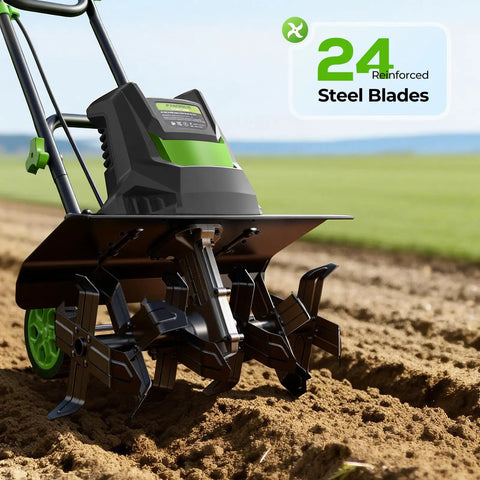Beast Garden Tiller For Big Beds 1800W Corded Cultivator With 24 Steel Tines 18 Inch By 9 Inch Rototiller shown on soil grounds