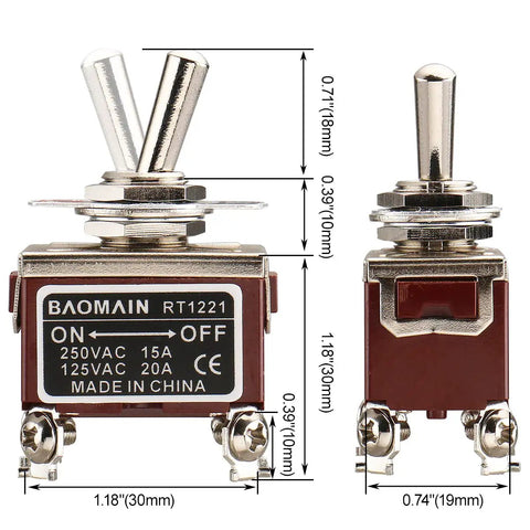 1 Pack Toggle Switch RT1221 DPST 4 Pin On Off 15A At 250V AC And 20A At 125V AC 12 Millimeter Mounting Hole Screw Terminal Ideal For Household Appliances And Electronic Industrial Equipment, metal toggle switch with 30mm body and screw terminals