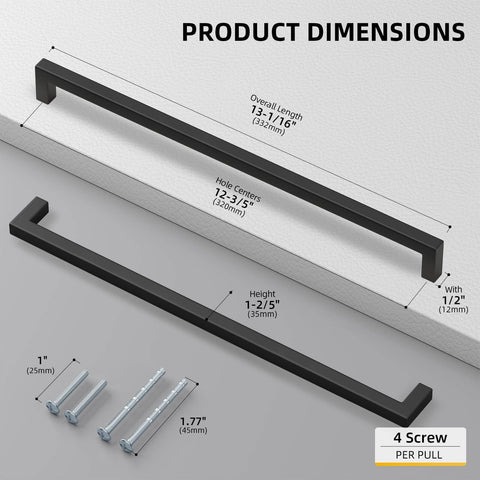 2 Pack Black Square Bar Cabinet Pulls With Slick Matte Finish For Kitchen And Bathroom Cabinets And Cupboards Center To Center 12.6in (320mm) Hollow Yet Durable Stainless Steel Hardware Easy Install Goldenwarm