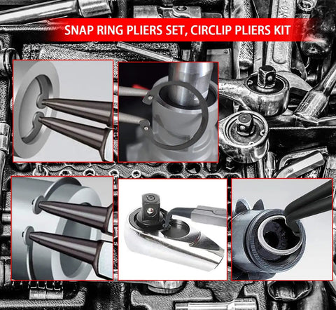 Four Piece Heavy Duty Snap Ring Pliers Set Seven Inch Internal And External Circlip Pliers Kit With Straight And Bent Jaw Tips Built Tough Pro Grade For Ring Removal With Storage Bag And Durable Non Slip Handles