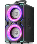 Front view of Beast 240W Peak Bluetooth Party Speaker With Deep Bass, 15 Hour Playtime, Fast Charge, TWS Wireless Stereo, Portable Outdoor Speaker For Backyard, Beach, Camping And Home Use, showing LED lights and dual speakers.