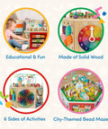Totally Kid Approved Seven Sided Wooden Activity Cube Featuring Interactive Bead Maze Shape Sorter And Mini Railroad Track close-up of colorful activities.