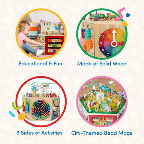 Totally Kid Approved Seven Sided Wooden Activity Cube Featuring Interactive Bead Maze Shape Sorter And Mini Railroad Track close-up of colorful activities.