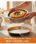 All In One Cake Baking And Transport Kit With Nonstick 9.5 Inch Ring Pan, hands holding baked cake in kitchen setting