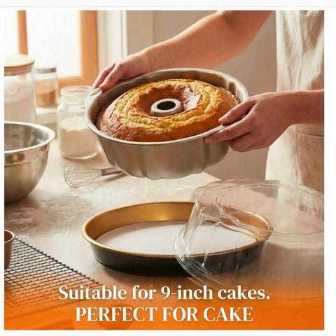 All In One Cake Baking And Transport Kit With Nonstick 9.5 Inch Ring Pan, hands holding baked cake in kitchen setting