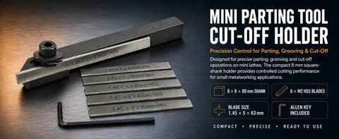 Top Shelf Mini Parting Tool Cut Off Holder With Eight Millimeter Shank And Six Sturdy M2 High Speed Steel Blades, compact lathe accessory.
