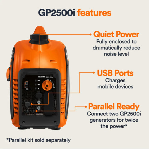 GP2500i 2500 Watt Gas Powered Portable Inverter Generator With TruePower Technology showcasing features on orange body