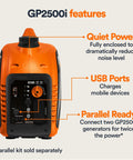 GP2500i 2,500-Watt Gas Powered Portable Inverter Generator, features USB ports and quiet power, orange and black design