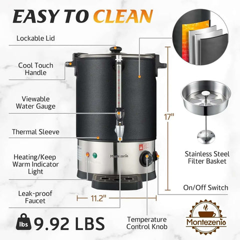 100 Cup Coffee Maker Urn For Events And Catering Large Double Wall Stainless Steel Percolator Dispenser with features labeled