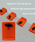 Orange upgraded flooring spacers from Laminate Wood Flooring Installation Kit With Tapping Block And Handle, Pull Bar, Rubber Mallet.