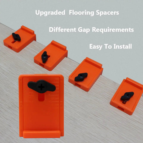 Orange upgraded flooring spacers from Laminate Wood Flooring Installation Kit With Tapping Block And Handle, Pull Bar, Rubber Mallet.