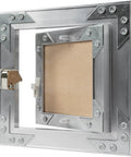 Zero Drama Six By Six Inch Waterproof Drywall Access Panel With Slick Push To Open Flush Mount, metal frame and locking mechanism.