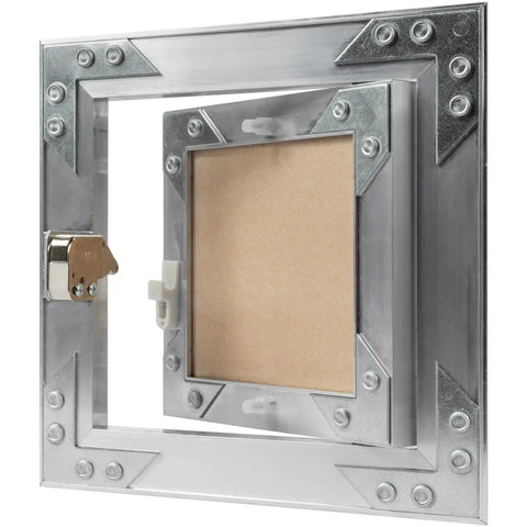 Zero Drama Six By Six Inch Waterproof Drywall Access Panel With Slick Push To Open Flush Mount, metal frame and locking mechanism.