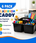 Six Pack Black Classroom Caddies With Three Compartment Plastic Storage Bins for desk organization with colorful supplies