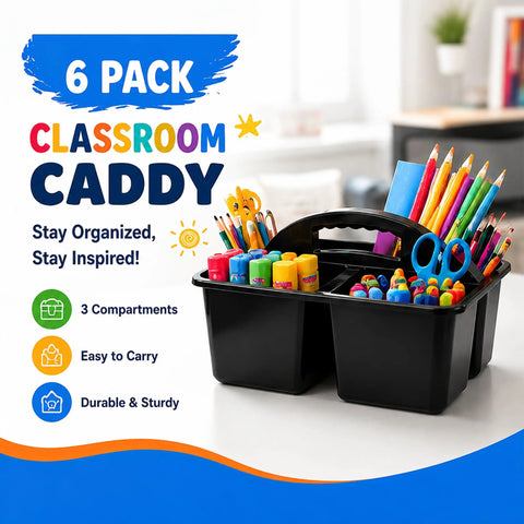 Six Pack Black Classroom Caddies With Three Compartment Plastic Storage Bins for desk organization with colorful supplies