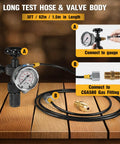 Hydraulic Nitrogen Pressure Gauge Test Kit For Accumulators with 5ft hose, gauge, valve body, and CGA580 gas fitting connectors.
