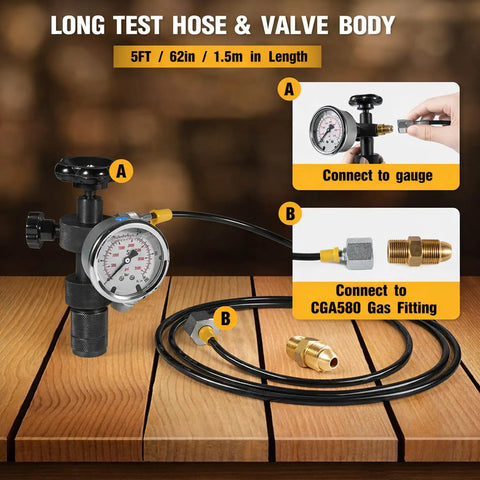 Hydraulic Nitrogen Pressure Gauge Test Kit For Accumulators with 5ft hose, gauge, valve body, and CGA580 gas fitting connectors.