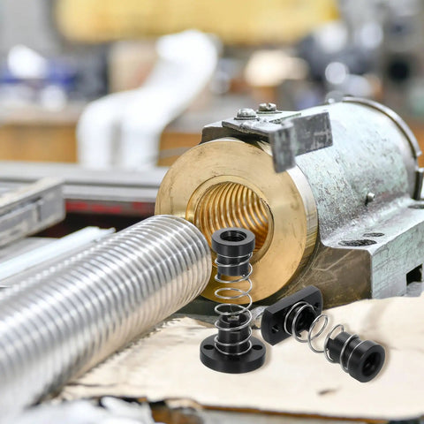 Close-up of Two Pack Anti Backlash Spring Loaded Nuts for TR8x4 POM Acme Thread on industrial machine