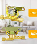 Front view: brass humidifier water solenoid valve with yellow wires and mounting bracket