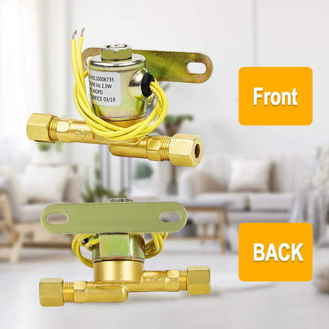 Front view: brass humidifier water solenoid valve with yellow wires and mounting bracket