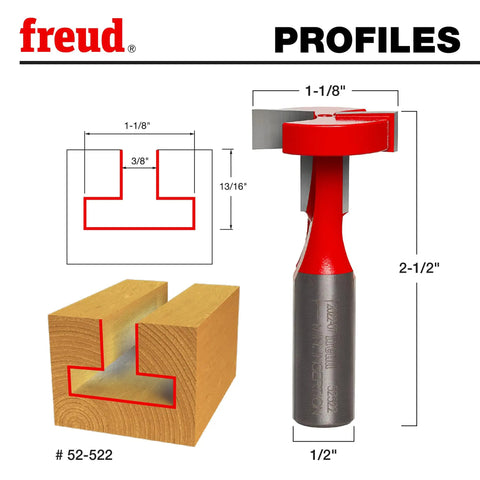 Diagram and photo of 1-1/8 Inch T Slotting Cutter Bit With 1/2 Inch Shank, 2-cutter carbide router bit for CNC or handheld tables