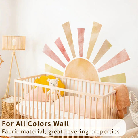 Large Fabric Watercolor Boho Half Sun Wall Decal Peel and Stick Pastel Sunrise Backdrop Murals Stickers in nursery with crib