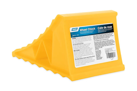 Camco wheel chock, yellow plastic wedge, pack of 1, side view
