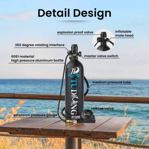 One Point Nine Liter Mini Scuba Tank For Adults on wooden table with regulator and pressure gauge against ocean view