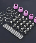 Pro Grade Plasma Cutter Consumables Kit With Cutting Tips And Nozzles, 50 Piece Set, displayed with pink shield cups