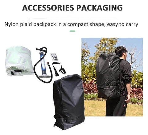 Accessories packaging for Inflatable Windsurf Wing With Tear Resistant Nylon, including pump and backpack for transport.