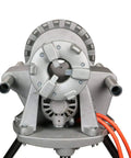 Heavy Duty Pipe Threading Power Drive And Stand Compatible With Ridgid 41855 42360 showing front view, 1/2 HP motor and two pipe openings.