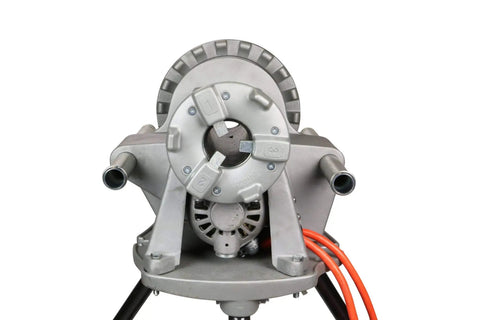 Heavy Duty Pipe Threading Power Drive And Stand Compatible With Ridgid 41855 42360 showing front view, 1/2 HP motor and two pipe openings.