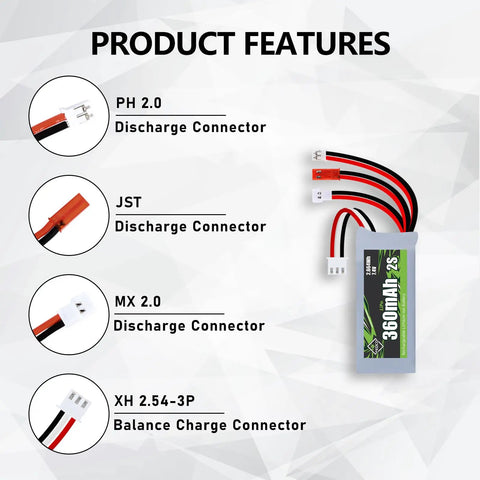7.4V 360mAh LiPo RC Battery Pack with JST MJ PH2.0 MX2.0 connectors for SCX24 and WLtoys, shown with discharge connectors.
