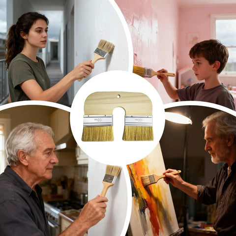 Double Bristle Limewash Brush For Brick Walls And Exterior Surfaces, Easy To Use Limewash Applicator being used by different individuals