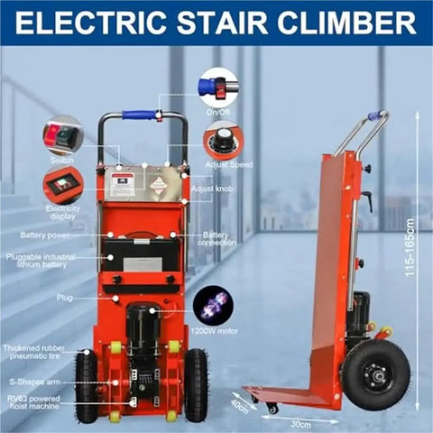 Super Heavy Duty Motorized Stair Climber Hand Truck With 880 Lbs Capacity electric dolly cart showcasing control panel and dimensions.