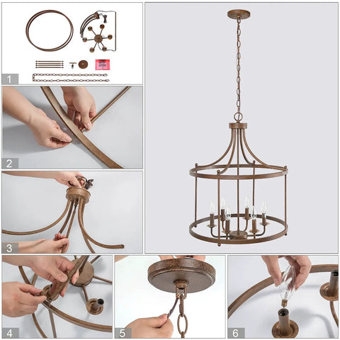 Assembly steps for Rustic Bronze Farmhouse Six Light Drum Chandelier for Dining Room, Kitchen Island or Living Room Pendant Lighting