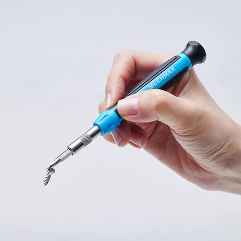 Hand holding a screw with Pro Grade All In One Magnetic Precision Screwdriver Set With 51 Pieces For Electronics Repair