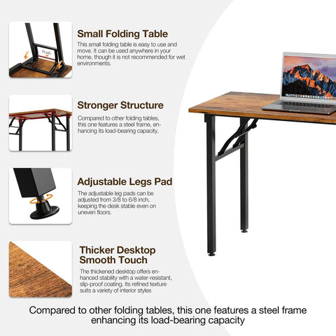 Compact Folding Computer Desk 35.8 Inch No Assembly Required Ready To Use Perfect For Small Spaces In Bedroom Dorm Or Apartment Portable Mini Study Table With Space Saving Design Brown shown with features like steel frame and adjustable legs.