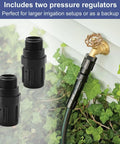 2 Pack 25 PSI Garden Hose Pressure Regulator For Drip Irrigation Systems shown near hose attachment on house