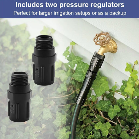 2 Pack 25 PSI Garden Hose Pressure Regulator For Drip Irrigation Systems shown near hose attachment on house