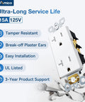 50 Pack Decora Outlet 20 Amp Tamper Resistant Wall Socket White Thermoplastic Receptacle For Home Office Upgrade UL Certified with installation features.