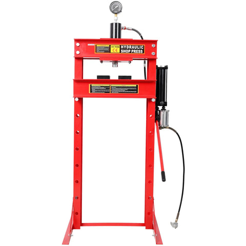 Heavy Duty 30 Ton Air Hydraulic Shop Press With Gauge And Sturdy H Frame Rig For Tough Garage Mods And Pro Mechanic Grinds Featuring Smooth Adjustable Height From Zero Point Two To Thirty Six Inches In Fiery Red, front view.
