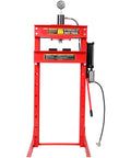 Badass 30 Ton Hydraulic Shop Press H Frame Garage Floor Air Powered Press With Integrated Pressure Gauge Relief Valve And Sturdy Steel Press Plate Expert Level Machine Repair Gear Red, front view showing pressure gauge and pump.
