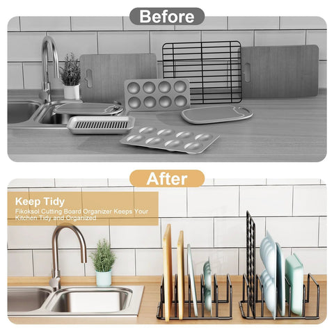 Fikoksol 1-pack cutting board organizer and baking sheet rack, black metal with tray dividers for cabinet storage
