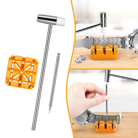 Watch Link Removal Tool Kit For Band Adjustment And Replacement, Pro Grade Watch Repair Set With Link Remover and Holder shown in use.