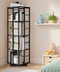 4 Tier 360 Degree Rotating Corner Bookshelf With Industrial Metal Frame And Spinning Storage Shelf in a bedroom setting