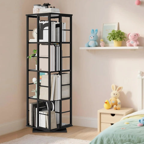 4 Tier 360 Degree Rotating Corner Bookshelf With Industrial Metal Frame And Spinning Storage Shelf in a bedroom setting